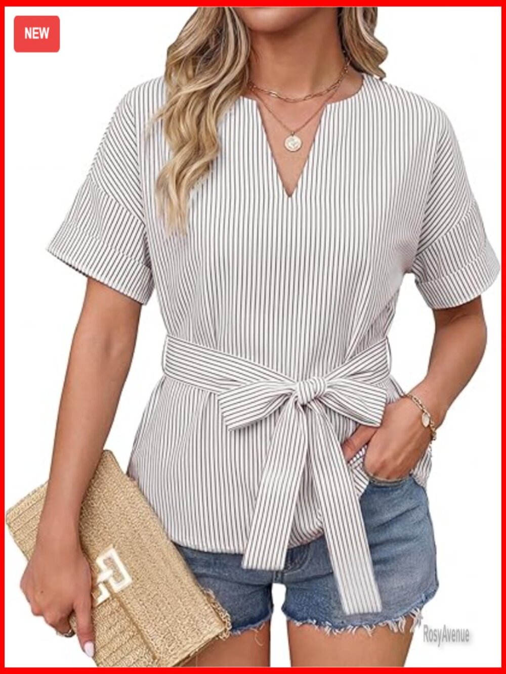 Striped V Neck Short Sleeve Tie Knot Front Blouse Casual Top